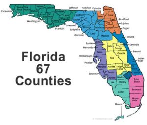 Detailed Florida county map showing all 67 counties with clear boundaries and county names labeled